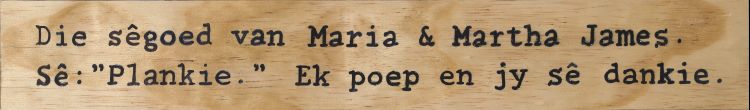 Click the image for a view of: Die Segoed van Maria & Martha James: 'Plankie'. 2014. Lacquer on engraved plywood
